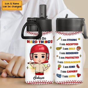 Gift For Son Grandson Baseball I Can Do Hard Things I Am Strong Kids Water Bottle With Straw