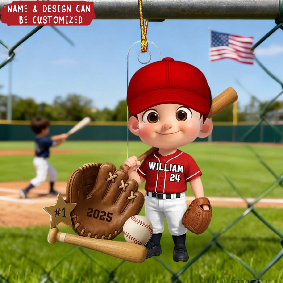 Baseball Player With Baseball Mitt Bat Ball - Personalized Acrylic Ornament, Gift For Kids, Grandkids