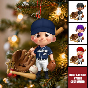 Baseball Player With Baseball Mitt Bat Ball - Personalized Acrylic Ornament, Gift For Kids, Grandkids