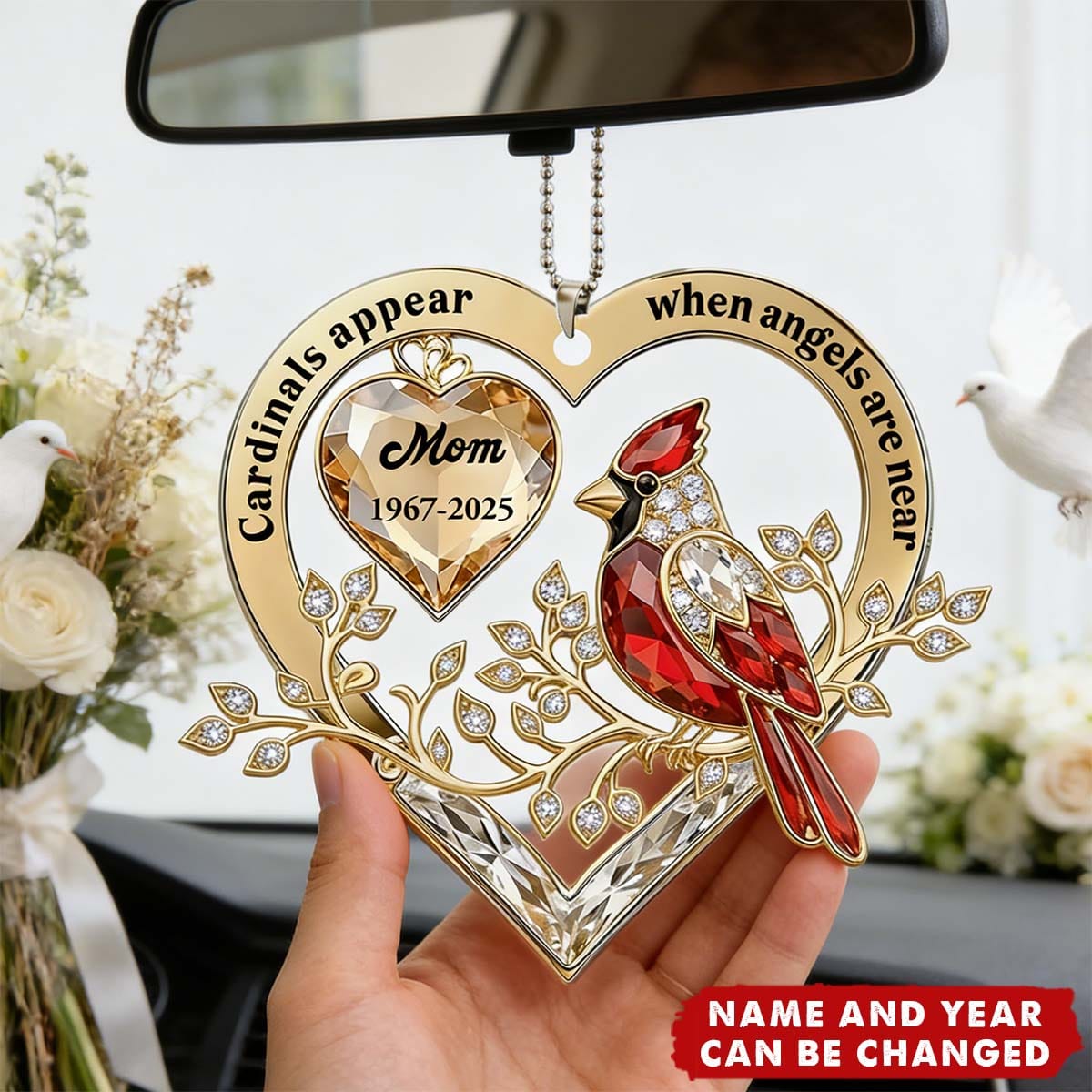When Cardinals Visit, Angels Are Near - Personalized Acrylic Car Hanger, Memorial Gift