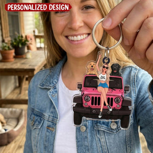 Personalized A Girl With Off-Road Car And Dog Keychain Gift For Journey Girls