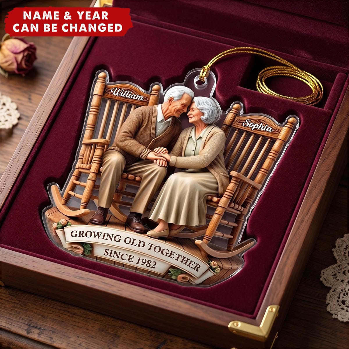 Old Couple Sitting On Rocking Chairs Together Personalized Christmas Acrylic Ornament