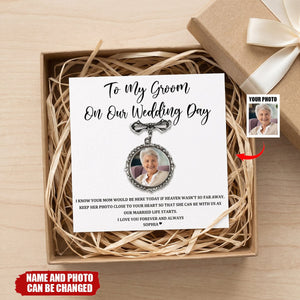 Keep Photo Close To Your Heart - Custom Memorial Photo Personalized Bow Pin - Wedding Gift For Groom, Bride