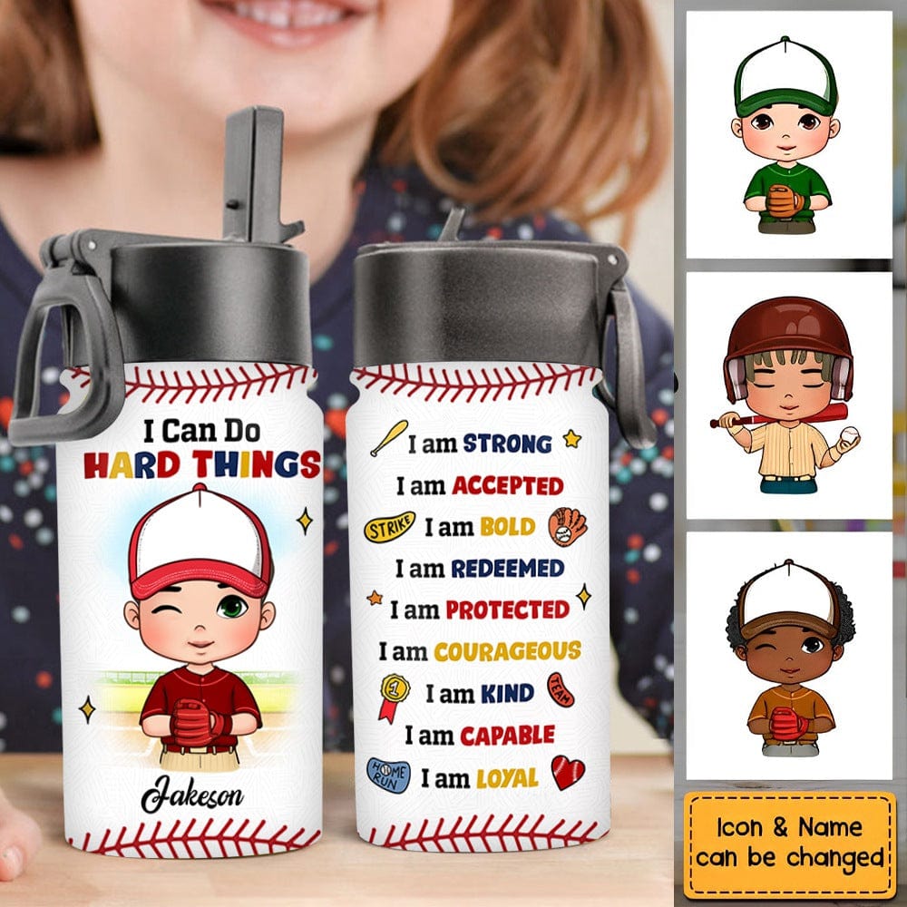 Gift For Son Grandson Baseball I Can Do Hard Things I Am Strong Kids Water Bottle With Straw